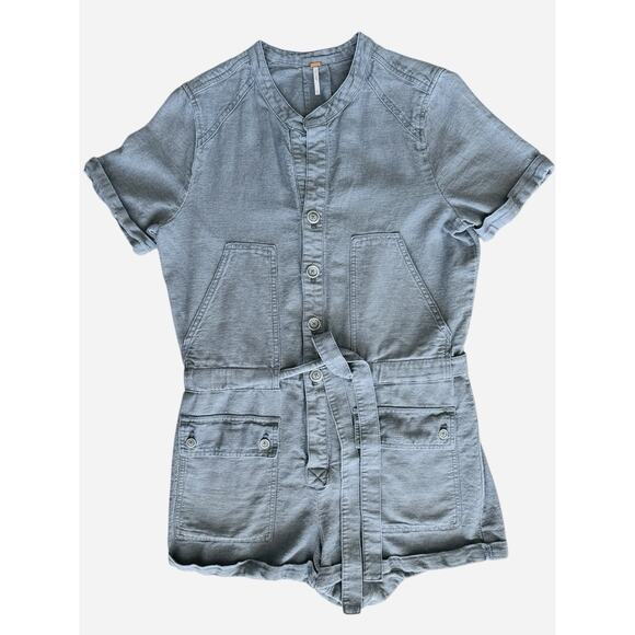 Free People Women Utility Shortalls Denim Blue Size Medium Tie Waist Cuff Sleeve - Picture 2 of 9